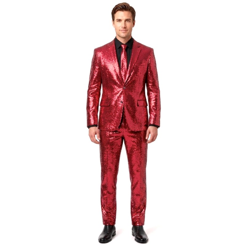 ENSEMBLE COSTUME ROUGE BRILLANT PANTALON VESTE CRAVATE
