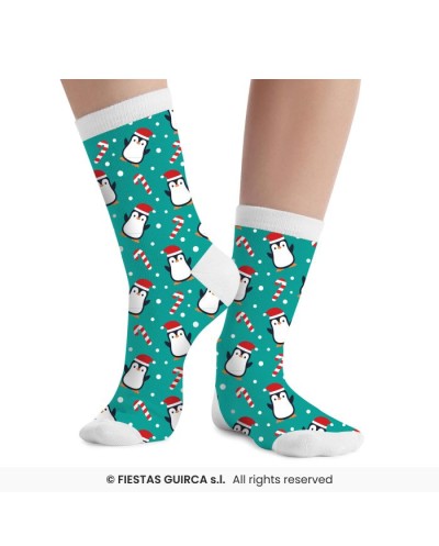 CHAUSETTES DE NOEL PINGUIN SUR FOND BLEU