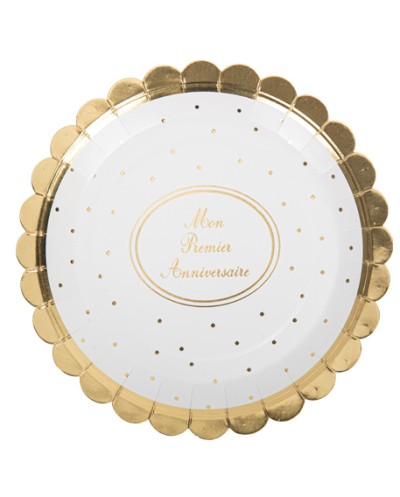 8 ASSIETTES  EN CARTON MON PREMIER ANNIVERSAIRE BLANCHE ECRITURE OR 23 CM 