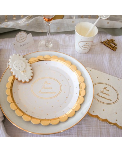 8 ASSIETTES  EN CARTON MON PREMIER ANNIVERSAIRE BLANCHE ECRITURE OR 23 CM 