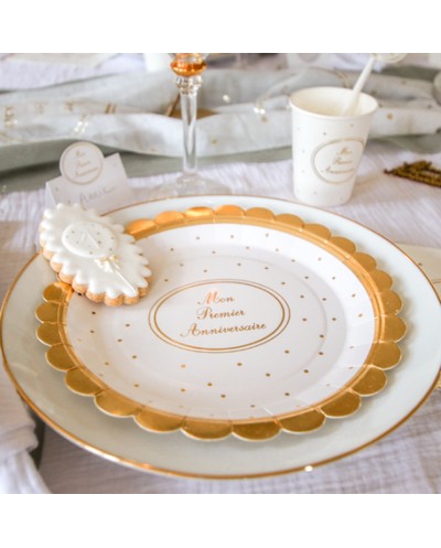 8 ASSIETTES  EN CARTON MON PREMIER ANNIVERSAIRE BLANCHE ECRITURE OR 23 CM 