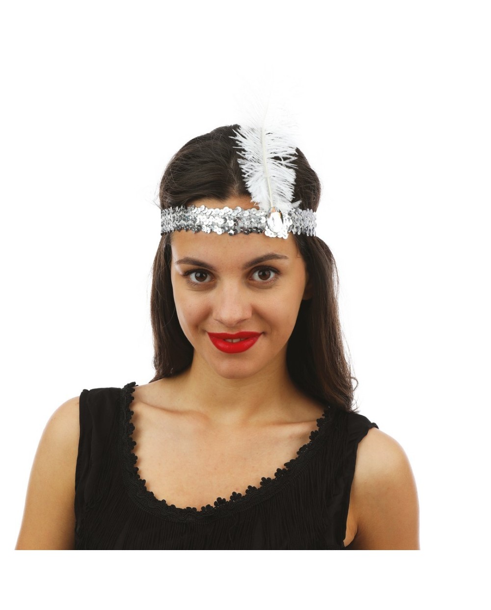 BANDEAU CHARLESTON SEQUINS ARGENT AVEC PLUME BLANCHE