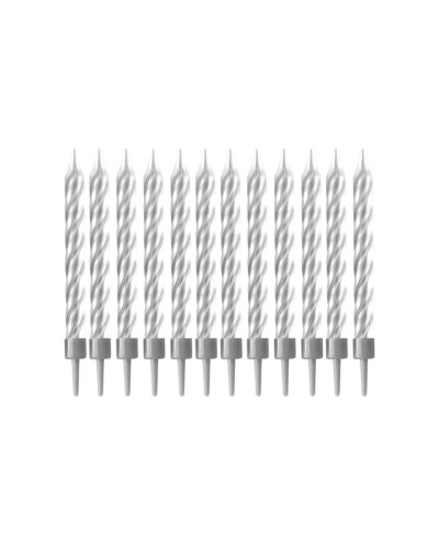 12 BOUGIES TORSADEES ARGENT 6 CM AVEC BOBECHES