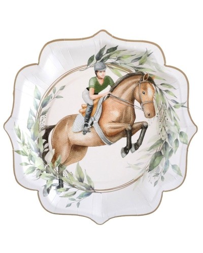 10 ASSIETTES HIPPIQUE CHEVAL MARRON ET CAVALIER VEGETAUX VERTS 21 CM 