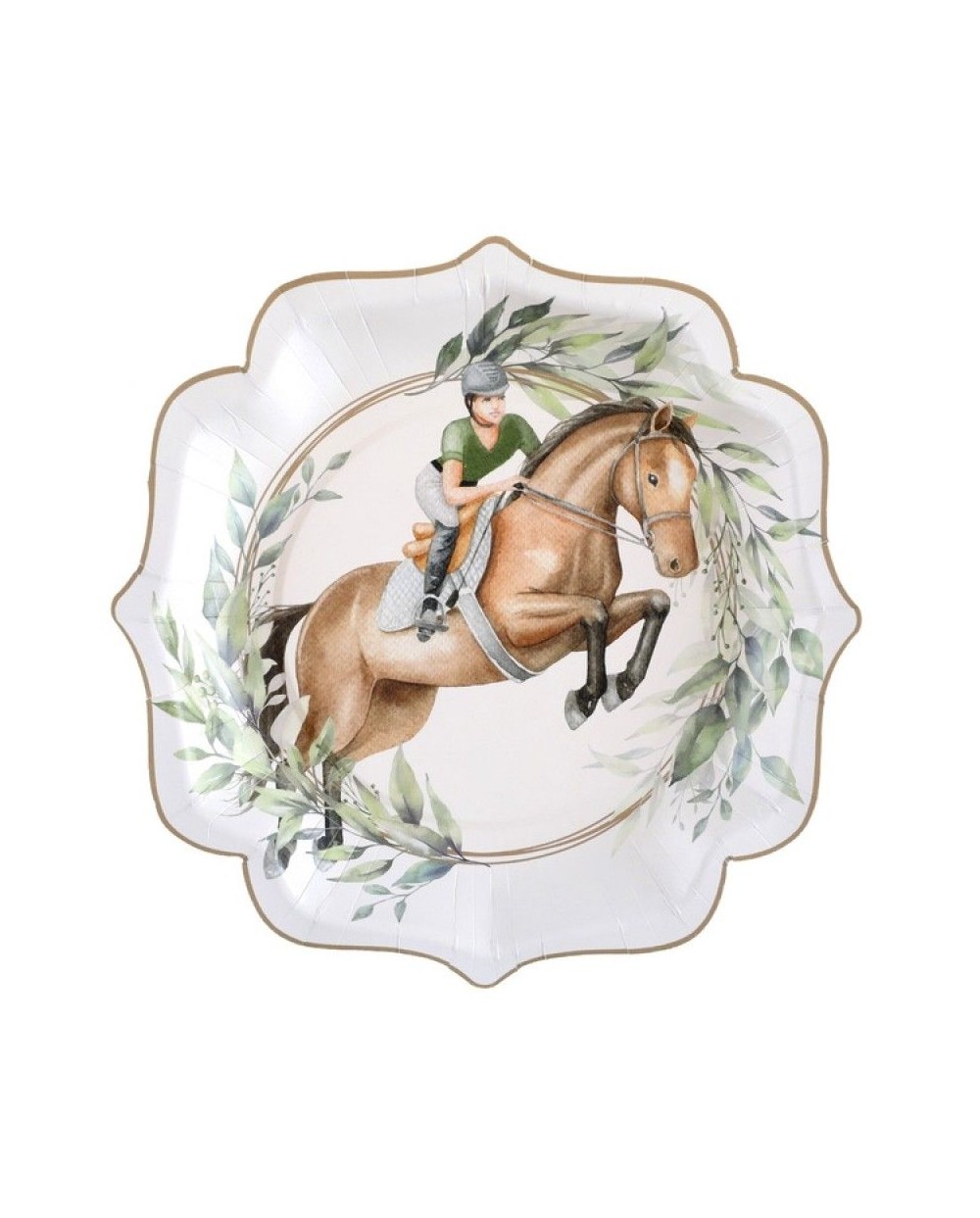 10 ASSIETTES HIPPIQUE CHEVAL MARRON ET CAVALIER VEGETAUX VERTS 21 CM 
