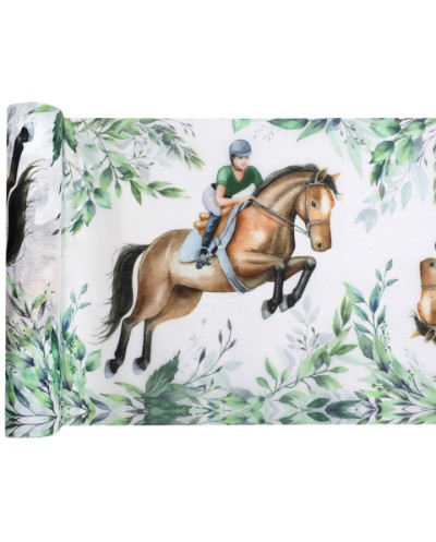 CHEMIN DE TABLE HIPPIQUE CHEVAL MARRON ET CAVALIER VEGETAUX VERTS 30 CM X 5 M