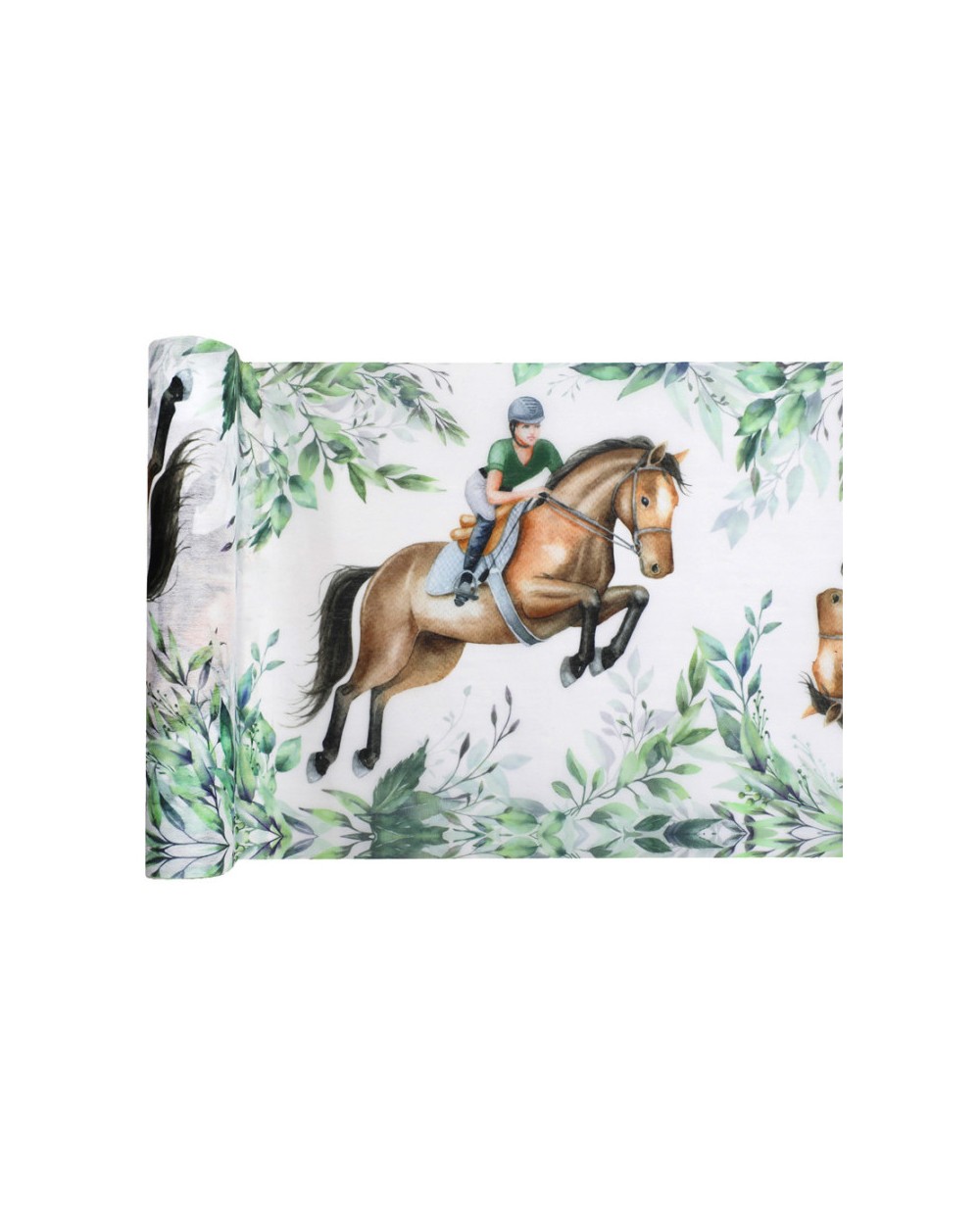 CHEMIN DE TABLE HIPPIQUE CHEVAL MARRON ET CAVALIER VEGETAUX VERTS 30 CM X 5 M