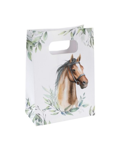 10 SACS CADEAUX EN PAPIER HIPPIQUE CHEVAL MARRON ET CAVALIER VEGETAUX VERTS