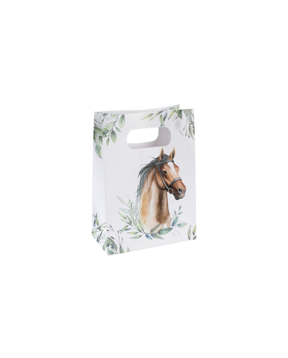 10 SACS CADEAUX EN PAPIER HIPPIQUE CHEVAL MARRON ET CAVALIER VEGETAUX VERTS