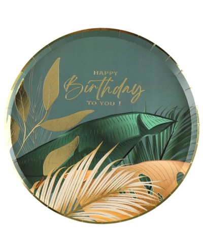 10 ASSIETTES BIRTHDAY JUNGLE VERT ET OR 23 CM