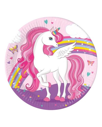 8 ASSIETTES LICORNE ARC EN CIEL ROSE ET VIOLET 23CM 