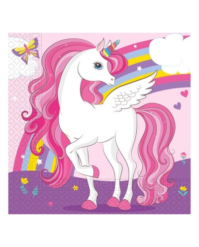 20 SERVIETTES LICORNE ARC EN CIEL ROSE ET VIOLET 33 X 33 CM 