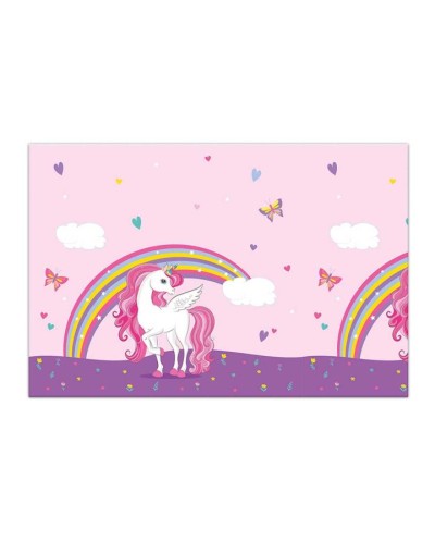 1 NAPPE EN PLASTIQUE LICORNE ARC EN CIEL ROSE ET VIOLET 120 X 180 CM