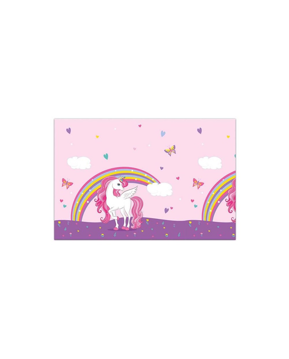 1 NAPPE EN PLASTIQUE LICORNE ARC EN CIEL ROSE ET VIOLET 120 X 180 CM