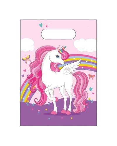 6 SACS CADEAUX EN PLASTIQUE LICORNE ARC EN CIEL ROSE ET VIOLET 