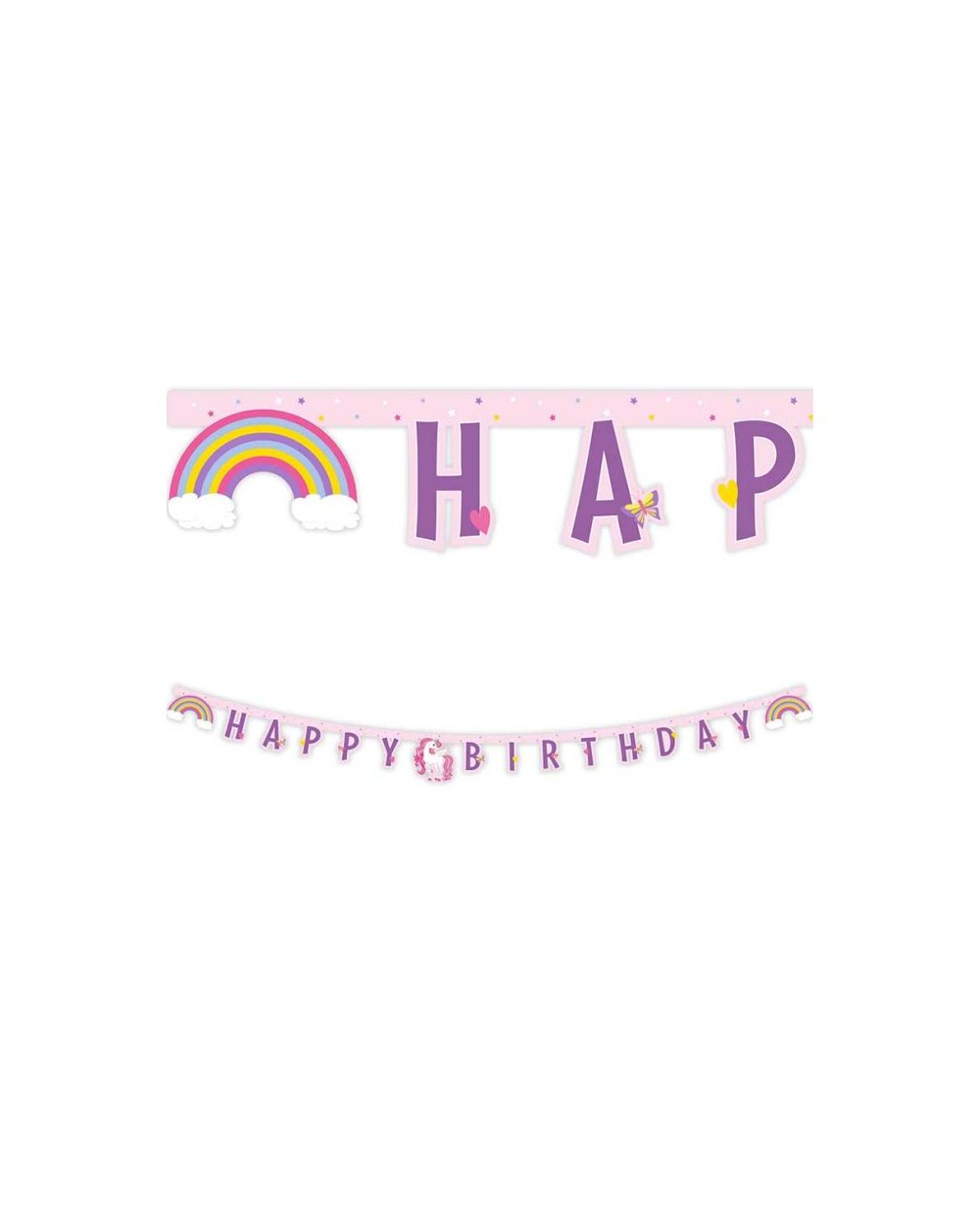 GUIRLANDE LETTRES HAPPY BIRTHDAY LICORNE ARC EN CIEL ROSE ET VIOLET 2 METRES