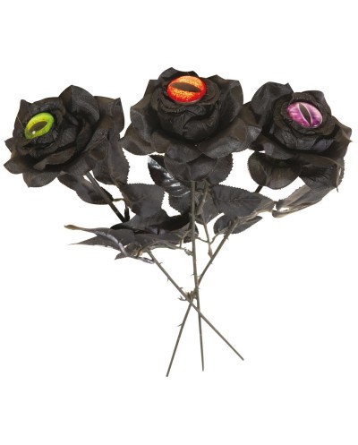 ROSE SUR TIGE EN TISSU NOIR 43 CM AVEC OEIL DE COULEUR ALEATOIRE