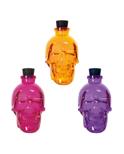 BOUTEILLE OU FIOLE TETE DE MORT EN COULEUR ROSE ORANGE OU VIOLET 180 ML