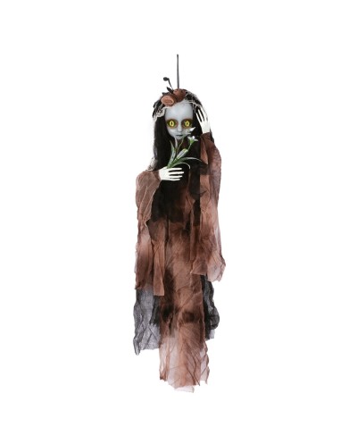POUPEE EFFRAYANTE A SUSPENDRE YEUX DE CHAT JAUNE 50 CM DECORATION HALLOWEEN