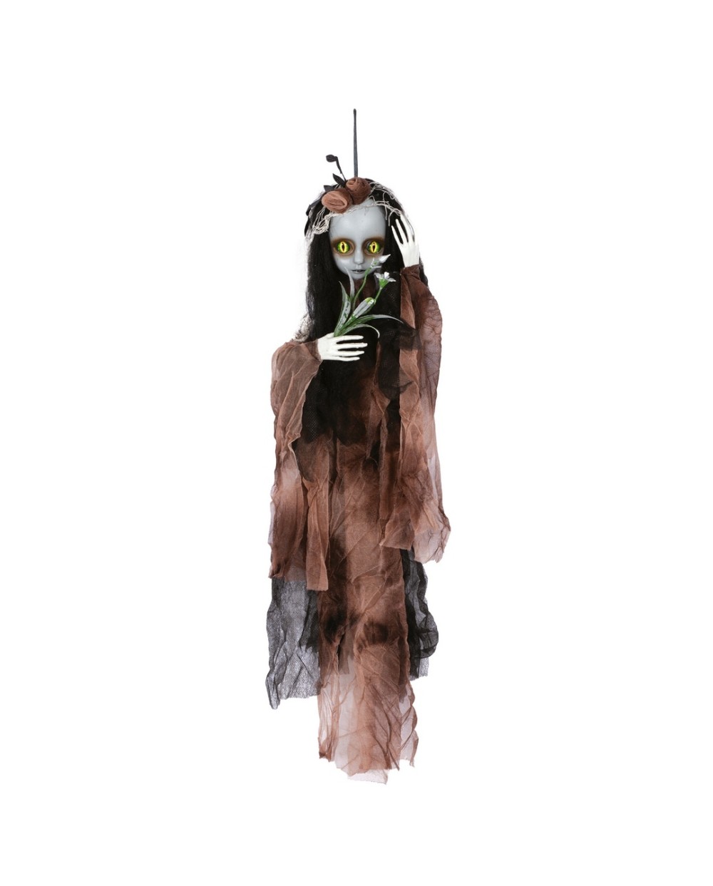 POUPEE EFFRAYANTE A SUSPENDRE YEUX DE CHAT JAUNE 50 CM DECORATION HALLOWEEN