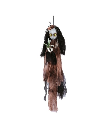 POUPEE EFFRAYANTE A SUSPENDRE YEUX DE CHAT JAUNE 50 CM DECORATION HALLOWEEN