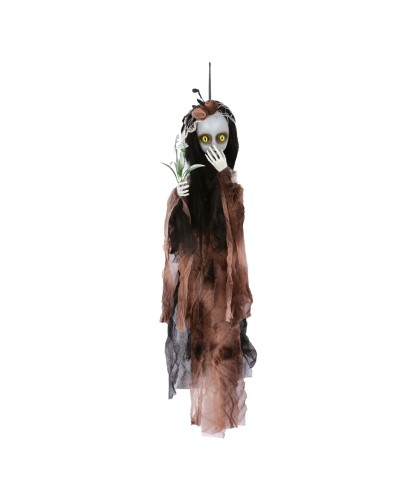 POUPEE EFFRAYANTE A SUSPENDRE YEUX DE CHAT JAUNE 50 CM DECORATION HALLOWEEN