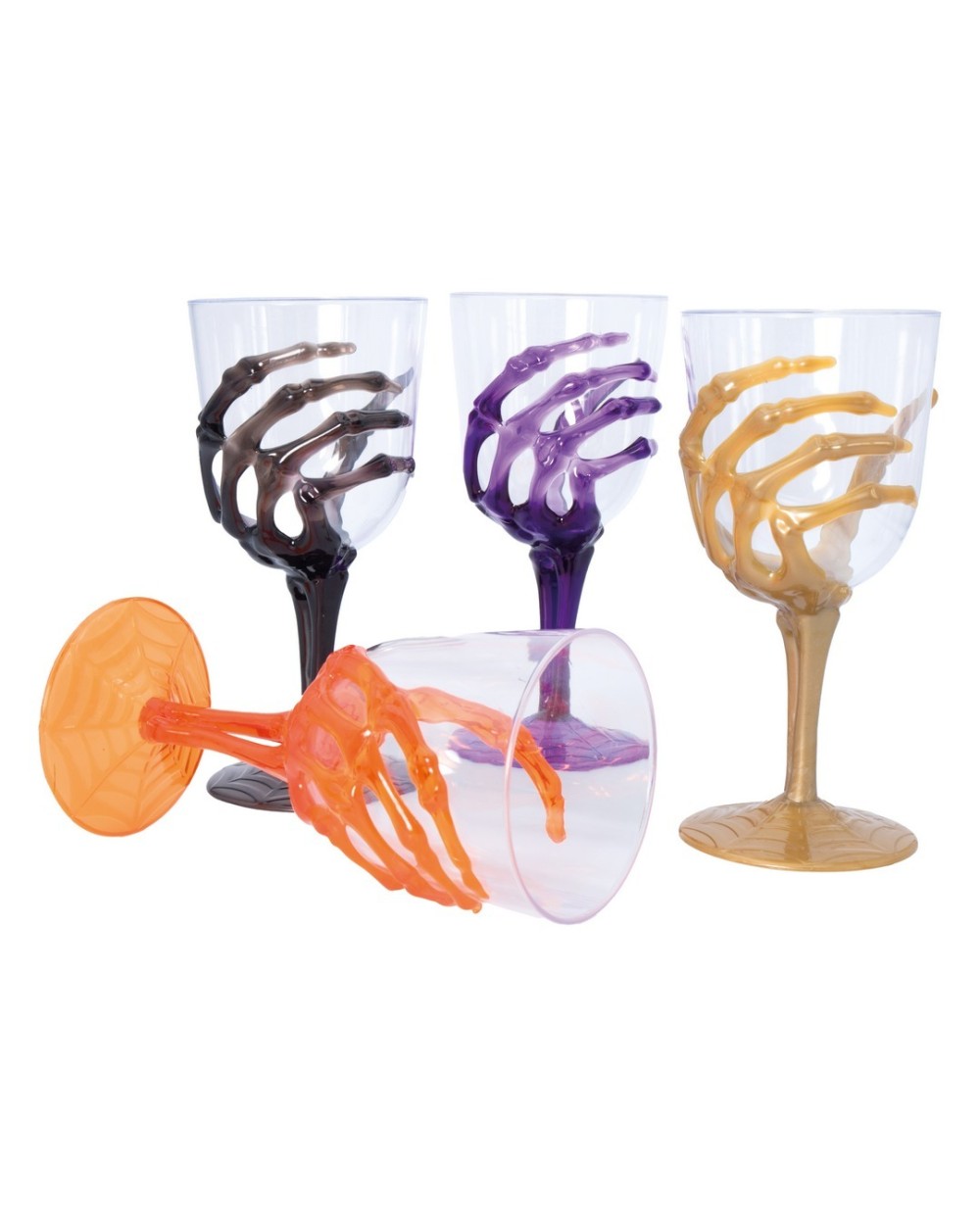 VERRE A PIED MAIN SQUELETTE NOIR OR ORANGE OU VIOLET HALLOWEEN 17 CM 