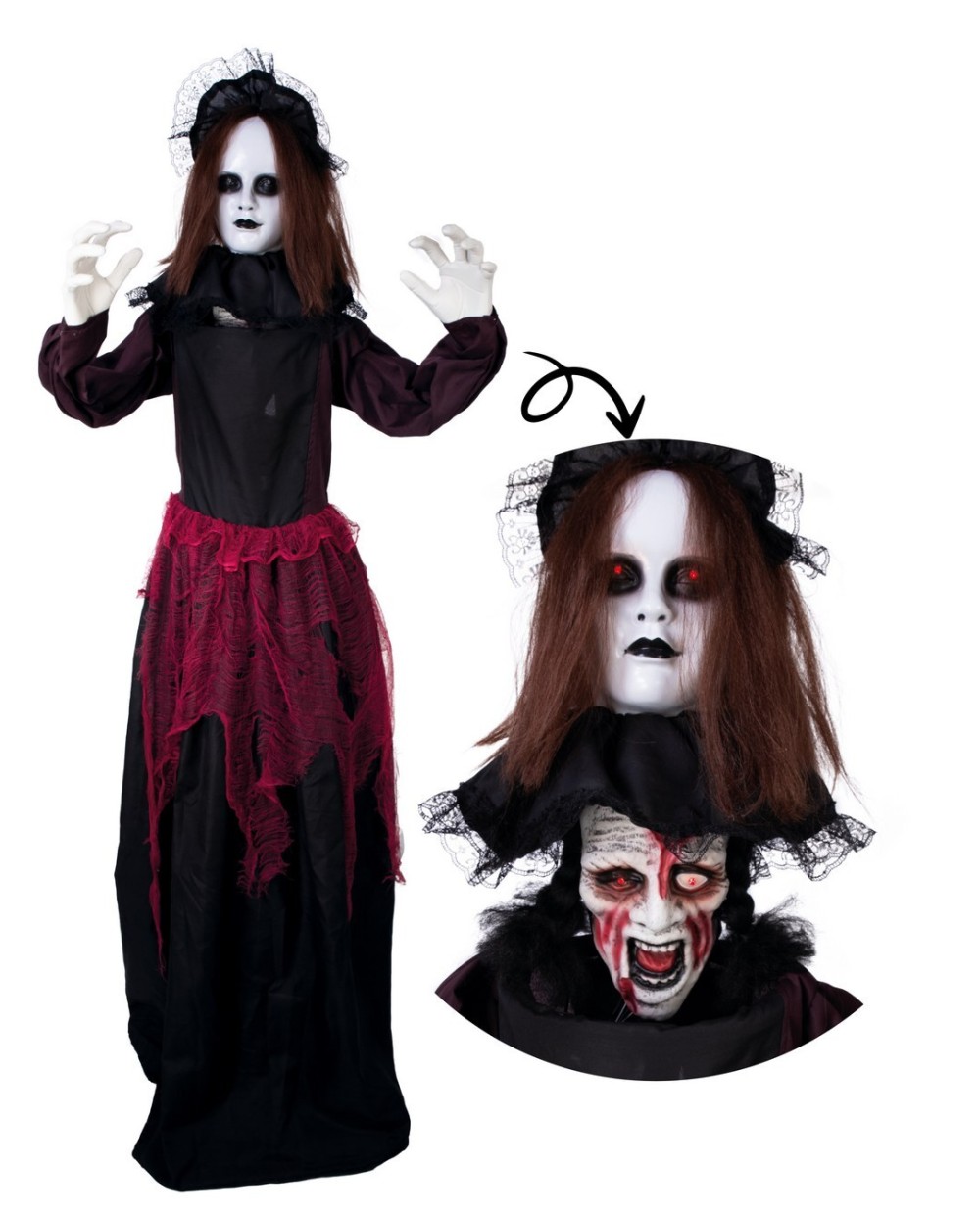 AUTOMATE DOUBLE TETE POUPEE ANIMEES SONORE LUMINEUX DECORATION HALLOWEEN 180 CM