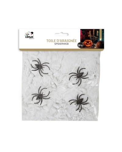 TOILE D'ARAIGNEE BLANCHE 56 GR + 4 ARAIGNEES DECORATION HALLOWEEN