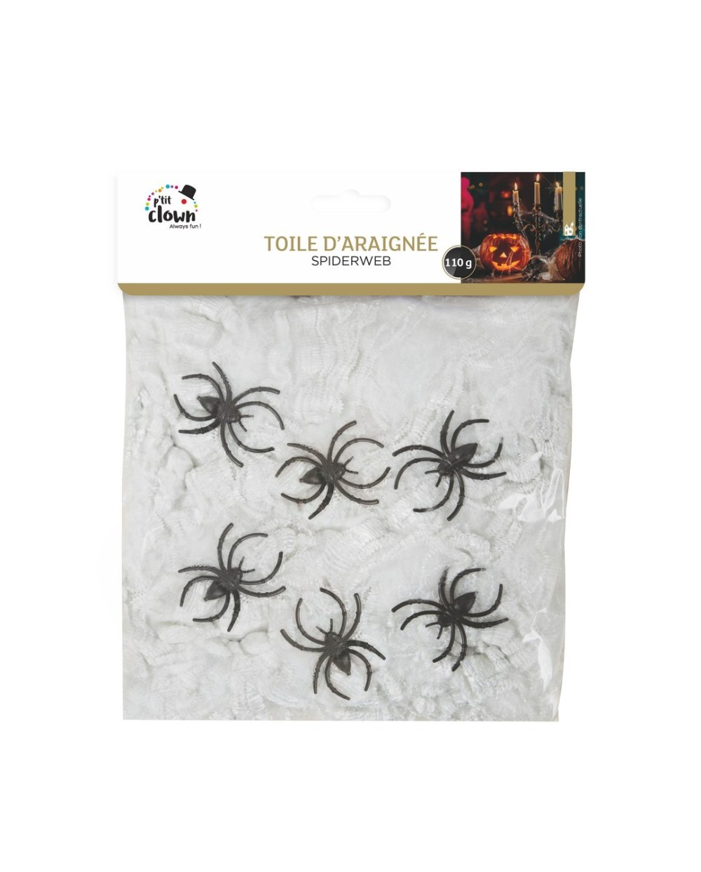 TOILE D'ARAIGNEE BLANCHE 110 GR + 6 ARAIGNEES DECORATION HALLOWEEN