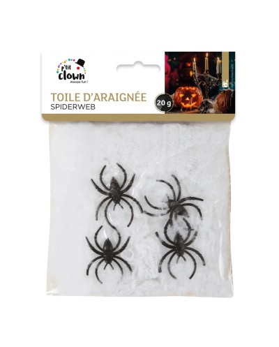 TOILE D'ARAIGNEE BLANCHE 20 GR + 4 ARAIGNEES DECORATION HALLOWEEN