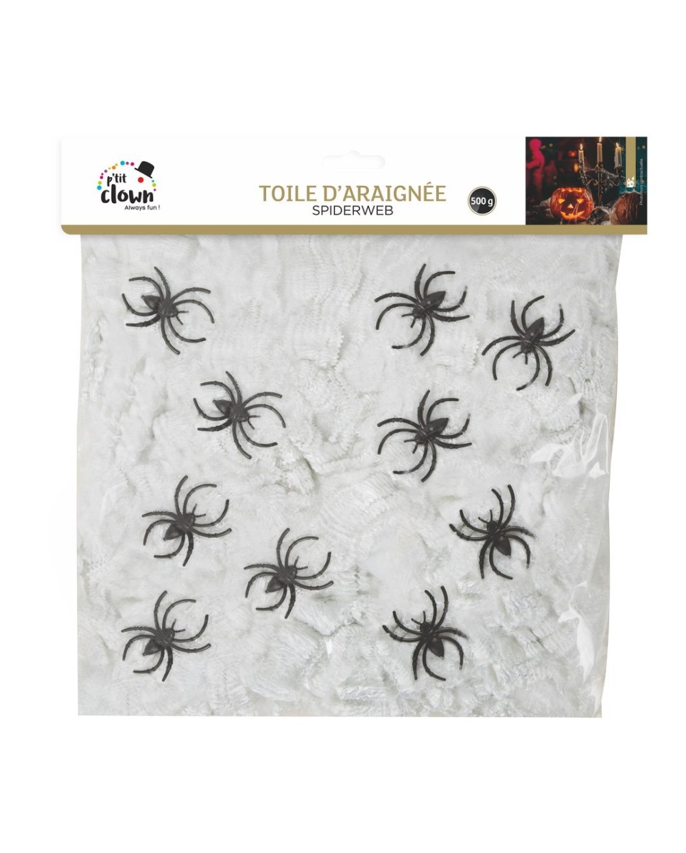 TOILE D'ARAIGNEE BLANCHE 500 GR + 10 ARAIGNEES DECORATION HALLOWEEN