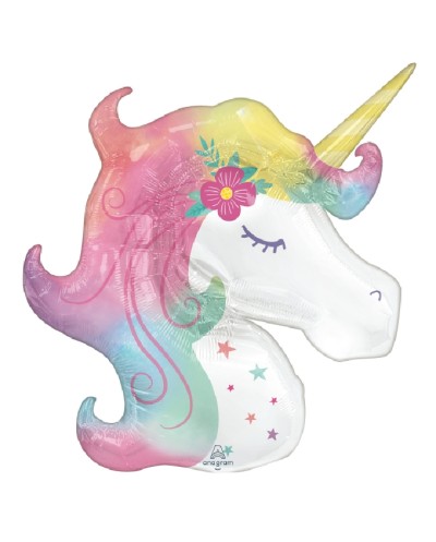 BALLON METALLIQUE TETE DE LICORNE ENCHANTEE PASTEL 83 X 73 CM