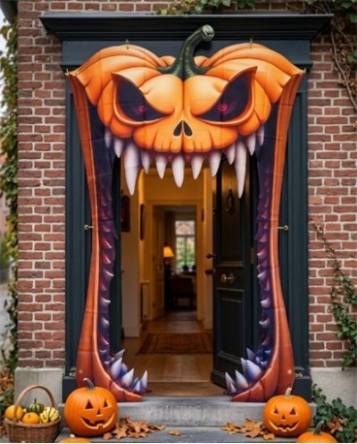 DECORATION RIDEAU DE PORTE HALLOWEEN BOUCHE DE CITROUILLE 140 X 198 CM