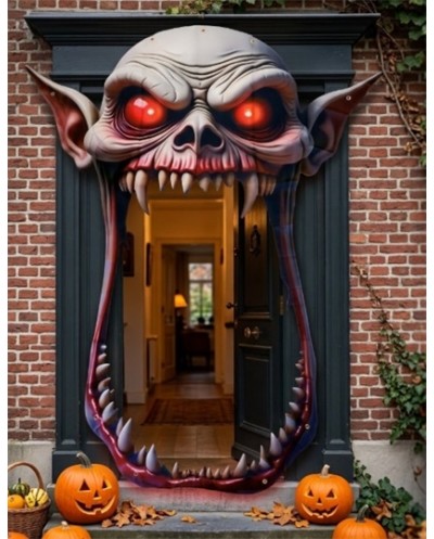 DECORATION RIDEAU DE PORTE HALLOWEEN BOUCHE DE MONSTRE YEUX ROUGES 140 X 198 CM