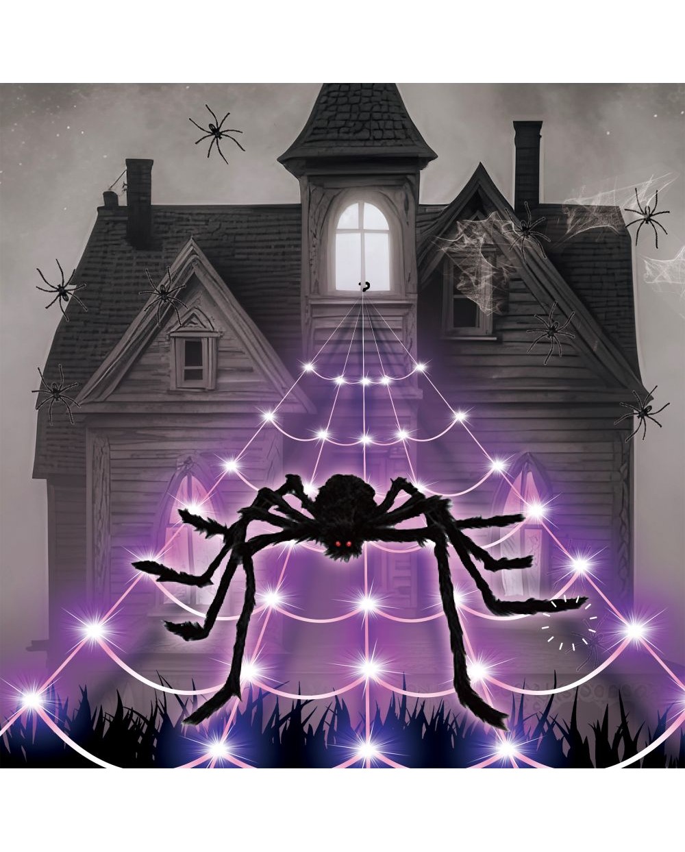 DECORATION HALLOWEEN TOILE D'ARAIGNEE LED VIOLET 1.25 X 5 METRES + ARAIGNEE 
