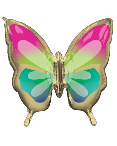 BALLON METALLIQUE PAPILLON OR ET COULEURS ROSE VERT ET BLEU 76 X 71 CM 