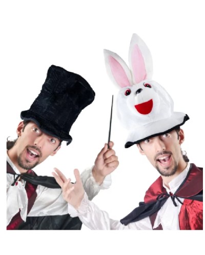 CHAPEAU DE MAGICIEN REVERSIBLE HAUT DE FORME NOIR ET LAPIN BLANC