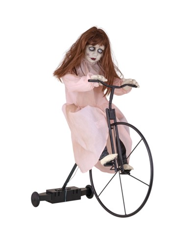 DECO HALLOWEEN  FILLETTE SUR MONOCYCLE 92 CM ANIMATRONIC MOUVEMENT SON  LUMIERE