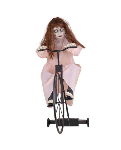 DECO HALLOWEEN  FILLETTE SUR MONOCYCLE 92 CM ANIMATRONIC MOUVEMENT SON  LUMIERE