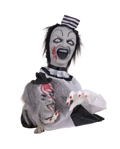DECO HALLOWEEN  BUSTE CLOWN TENANT TETE 55 CM ANIMATRONIC MOUVEMENT SON  LUMIERE