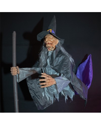 DECO HALLOWEEN SORCIERE VOLANTE ANIMATRONIC MOUVEMENT LUMIERE SON 310 CM