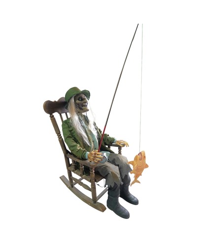DECO HALLOWEEN PECHEUR SUR CHAISE ANIMATRONIC MOUVEMENT LUMIERE SON 200 CM