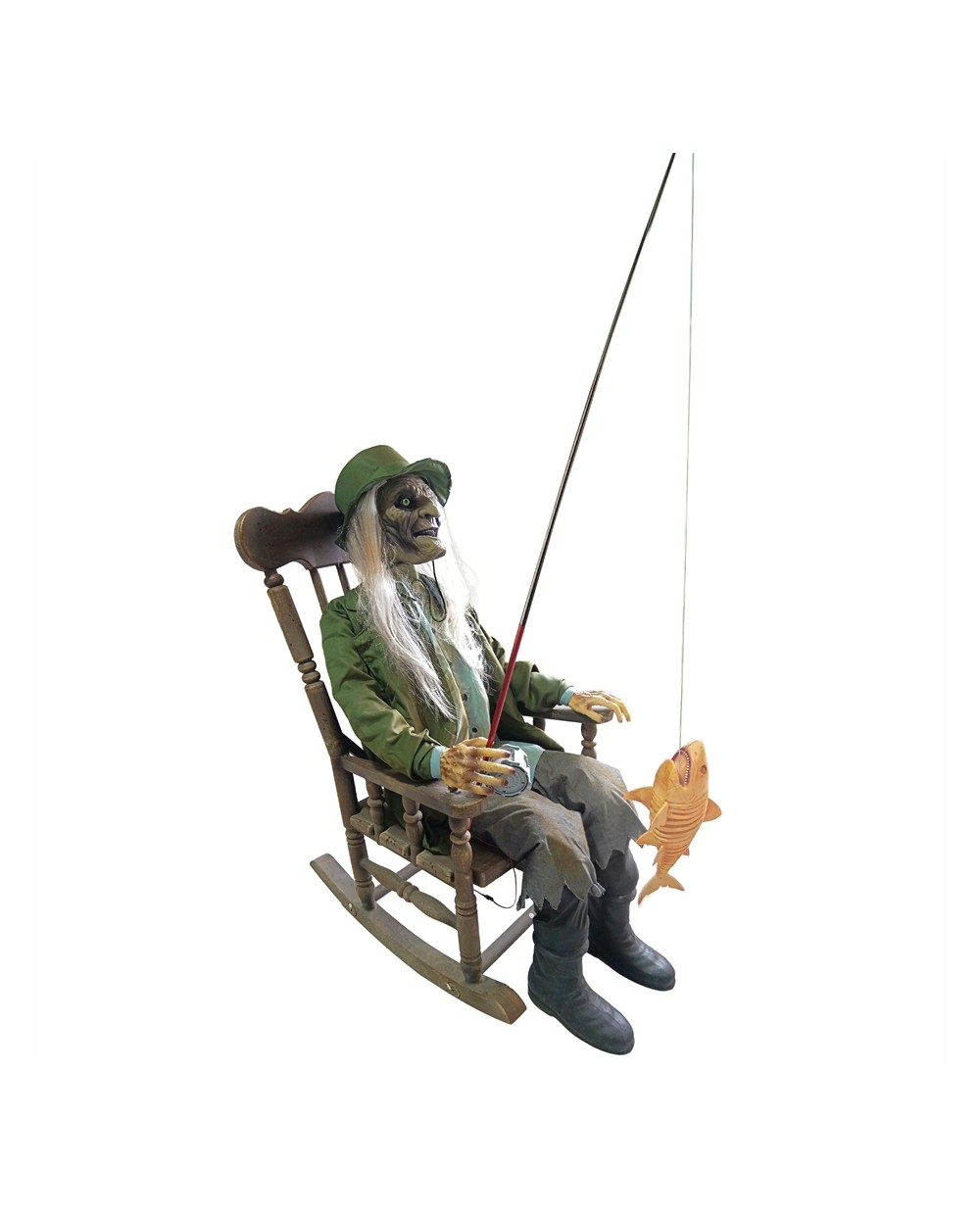 DECO HALLOWEEN PECHEUR SUR CHAISE ANIMATRONIC MOUVEMENT LUMIERE SON 200 CM