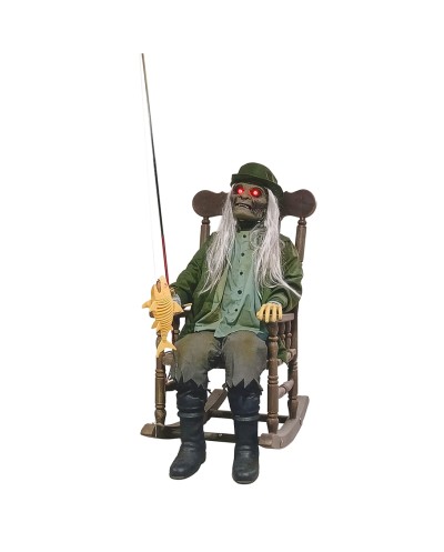 DECO HALLOWEEN PECHEUR SUR CHAISE ANIMATRONIC MOUVEMENT LUMIERE SON 200 CM