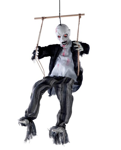 DECORATION HALLOWEEN ZOMBIE SUR BALANCOIRE SON  LUMIERE ET ANIME 80 CM