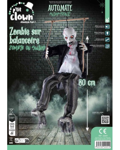 DECORATION HALLOWEEN ZOMBIE SUR BALANCOIRE SON  LUMIERE ET ANIME 80 CM