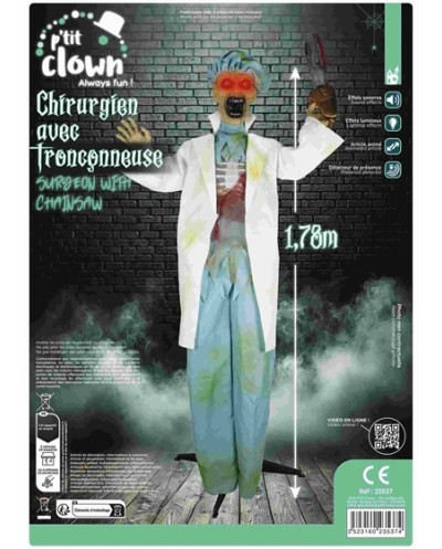 DECORATION HALLOWEEN CHIRURGIEN AVEC TROCONNEUSE SON  LUMIERE ET ANIME 178 CM
