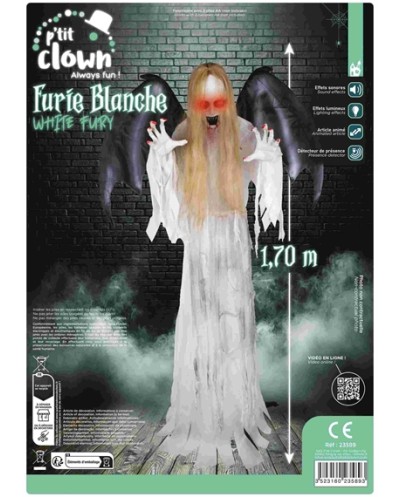 DECORATION HALLOWEEN FURIE BLANCHE ANGE DE LA MORT SON  LUMIERE ET ANIME 170 CM