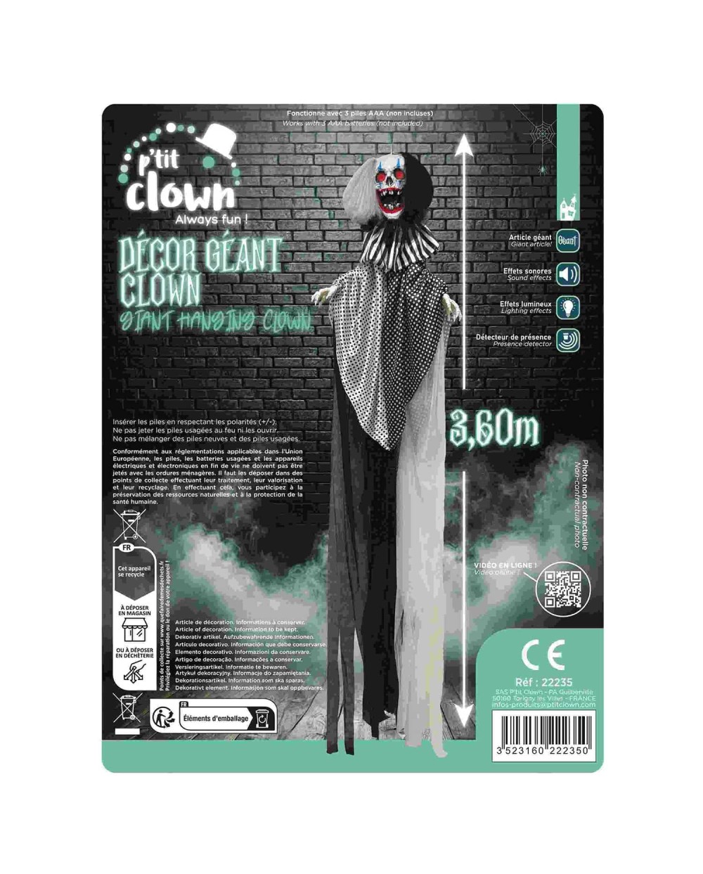 DECORATION GEANTE HALLOWEEN CLOWN SONORE ET LUMINENUX 3.6 METRES